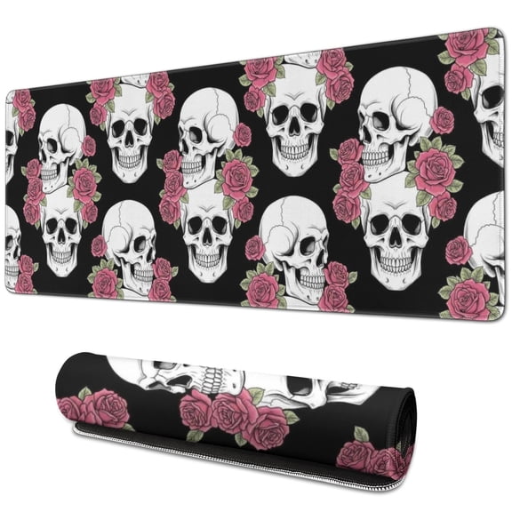 Long Mouse Pads for Desk,Black Skull Rose Pattern Desk Mats on Top Of Desks, Desk Mouse Pad Extra Large with 3mm Non-Slip Base and Stitched Edge for Gaming,Office,Work,Home 31.5"x11.8"