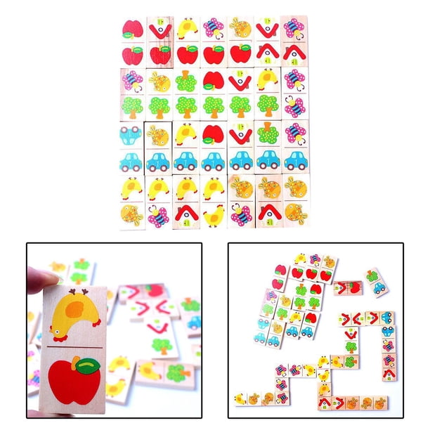 Juego de bloques de dominó de madera de 28 piezas, juego de bloques de construcción de colores, animal de frutas