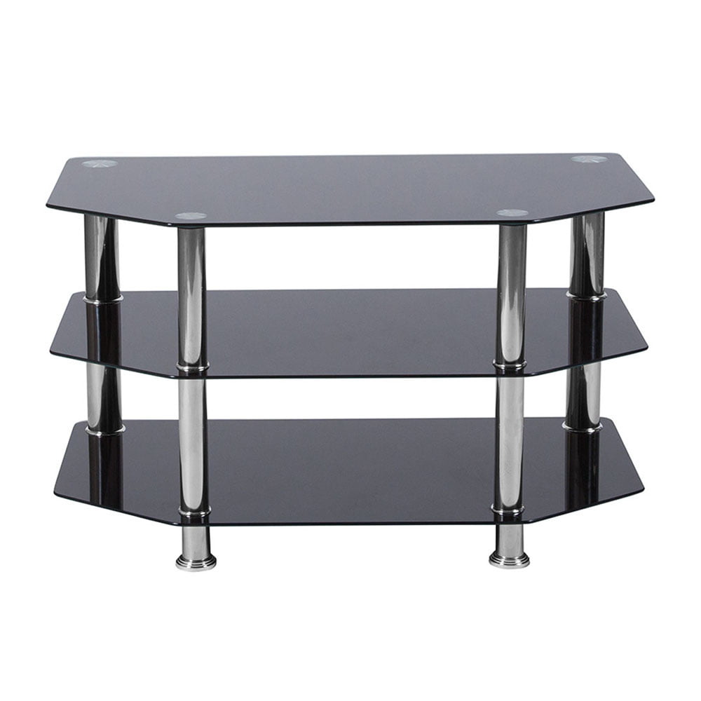 North Beach Black Glass TV Stand with Stainless Steel Metal Frame 