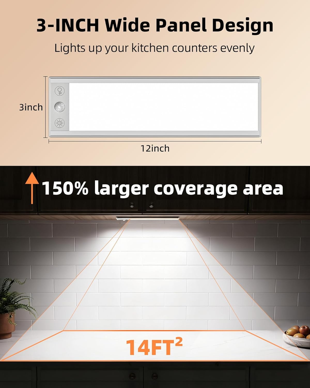 200LM Super Bright Under Cabinet Lighting Wireless, 5000mAh Rechargeable Battery Motion Sensor Light Indoor, Dimmable Counter Lights for Kitchen, 3-Inch Ultra-Wide Panel Closet