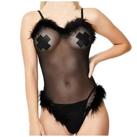 

CALAFEBILA 2022 Family Set Women Sexy Lingerie Sleepwear Nightwear See-through Feather One-piece Suit