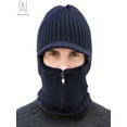 thumbnail image 3 of Gustave 2 In 1 Men Winter Warm Balaclava Beanie Hat with Fleece Lining Zipper Neck Scarf Warmer Ear Protector Knitting Stripes Hat and Scarf Conjoined Set "Navy", 3 of 9