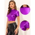 thumbnail image 2 of INSPIRE CHIC Top corto metalizado de manga corta con cuello alto para mujer Púrpura XL, 2 of 5
