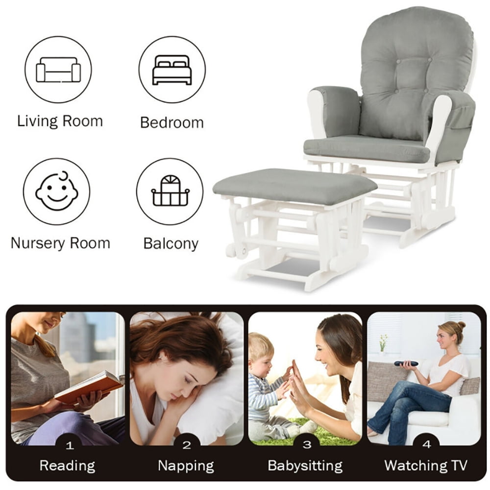 Finihen Glider and Ottoman Cushion Set, Wooden Rocking Nursery Chair with Cushioned Armrests Detachable Cushion, Upholstered Glider with Nursing Ottoman, for Napping, Nursing, Reading, Light Gray Finihen Glider and Ottoman Cushion Set, Wooden Rocking Nursery Chair with Cushioned Armrests Detachable Cushion, Upholstered Glider with Nursing Ottoman, for Napping, Nursing, Reading, Light Gray
