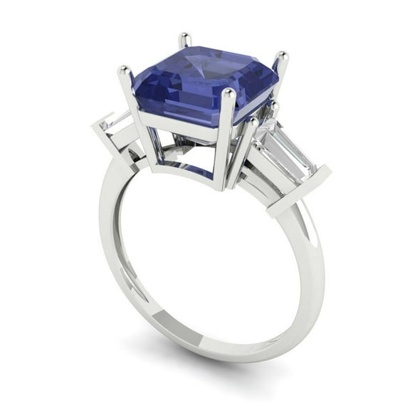 3 ct Cushion Cut Simulated Tanzanite Three-Stone Engagement Ring for Women in 18K White Gold