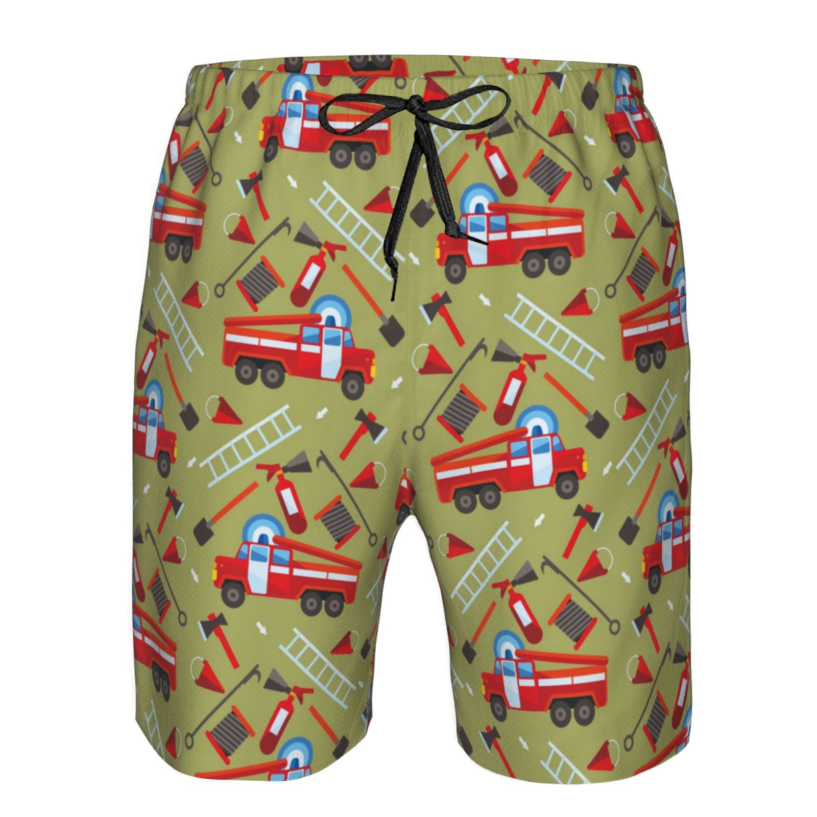 Vsdgher Cartoon Fire Truck Men's Beach Shorts, Surfing shorts, Swim trunks, Quick Dry Swim Trunks for Surfing Beach Fun -Medium