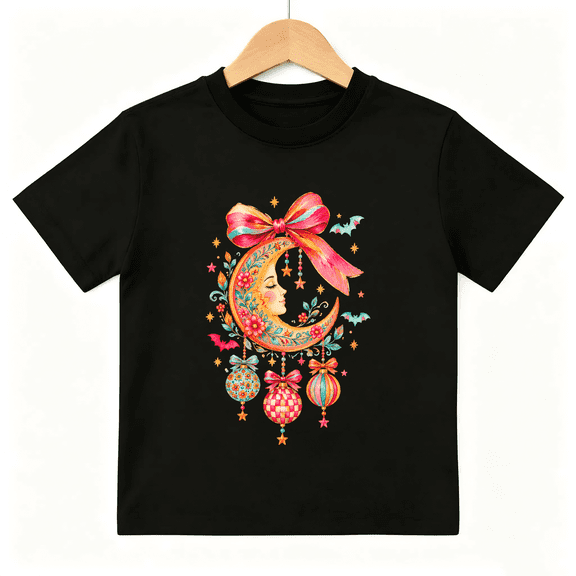 Crescent Moon Halloween Floral Bow Short Sleeve Crewneck Cotton Kids T-Shirt