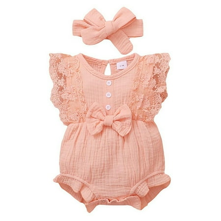 

Baby Girl Lace Romper Sleeveless Ruffle Bow Decorated Romper Jumpsuit Bodysuit with Headband Baby Clothes Girls Rompers Size 12-14 Toddler Shirt and Pants Girl Dresses Size 6 Romper Outfits Summer