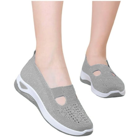 Ballet Flats for Women Round Toe Mary Jane Shoes Comfortable Dressy Women Flats Adjustable Straps Washable Knit Slip On Shoes Gray 9
