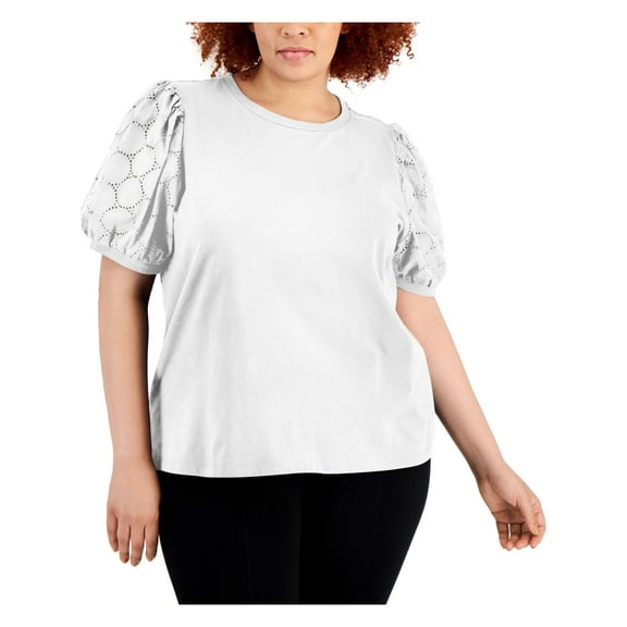 Anne Klein Womens Plus Eyelet Puff Sleeve Pullover Top