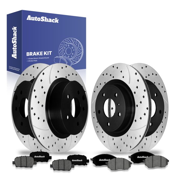 AutoShack Front & Rear Brake Rotors & Premium Pads for Nissan, 350Z 2009, RWD V6 3.5L - E-Coated Drilled & Slotted - ShadowGuard