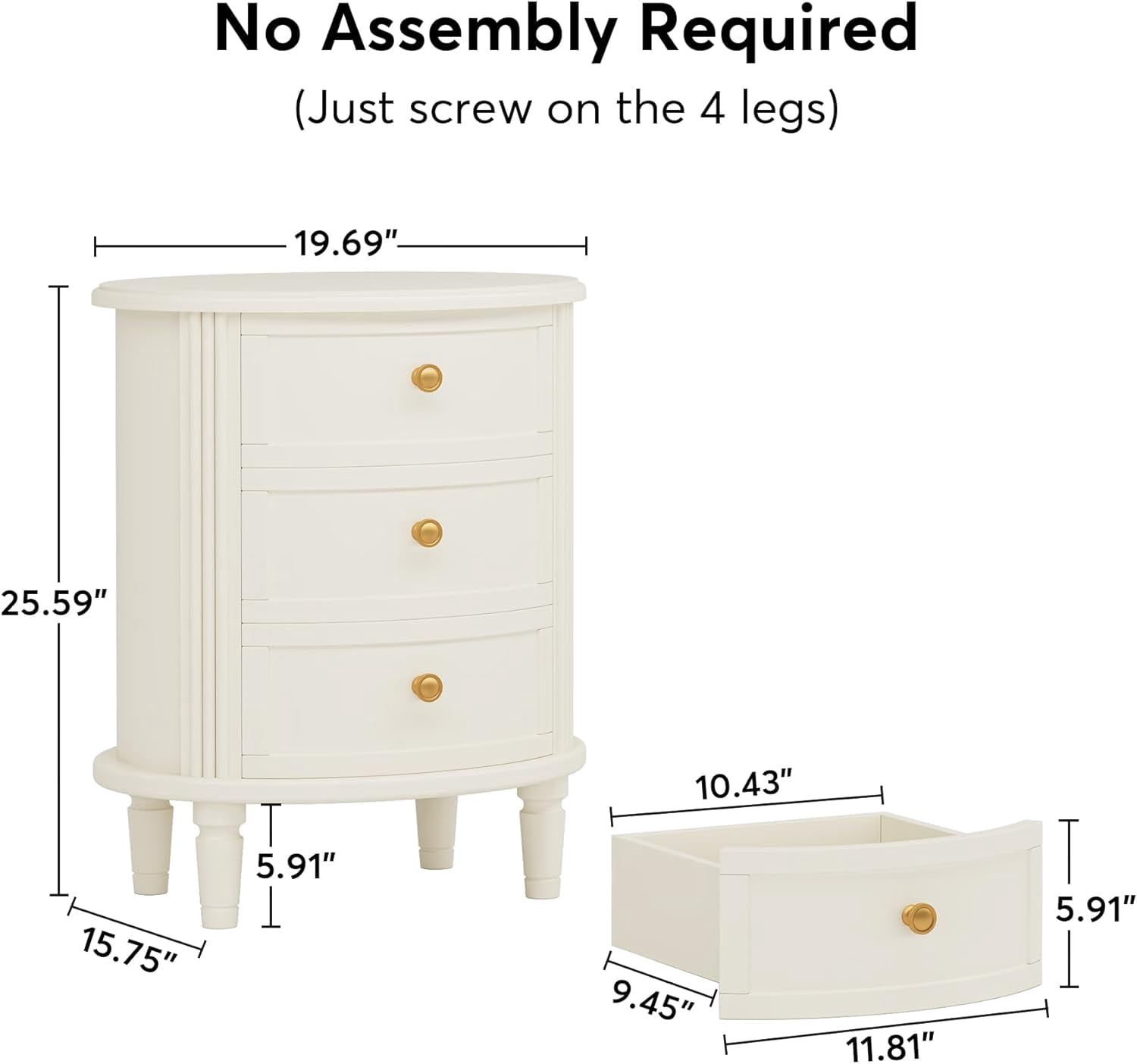 Finmind 3-Drawer Nightstand, Fully Assembled Oval Bedside Table with Storage, Off-White