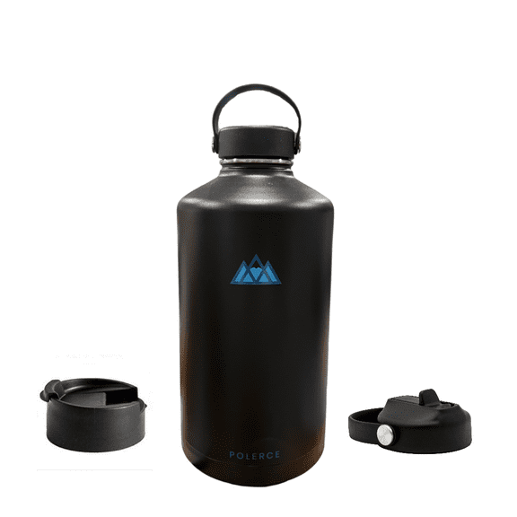 1 Gallon Vacuum Insulated Bottle with 3 Lids - Stainless Steel Thermally Insulated Flask - 128 Fl Oz - Black- by Polerce