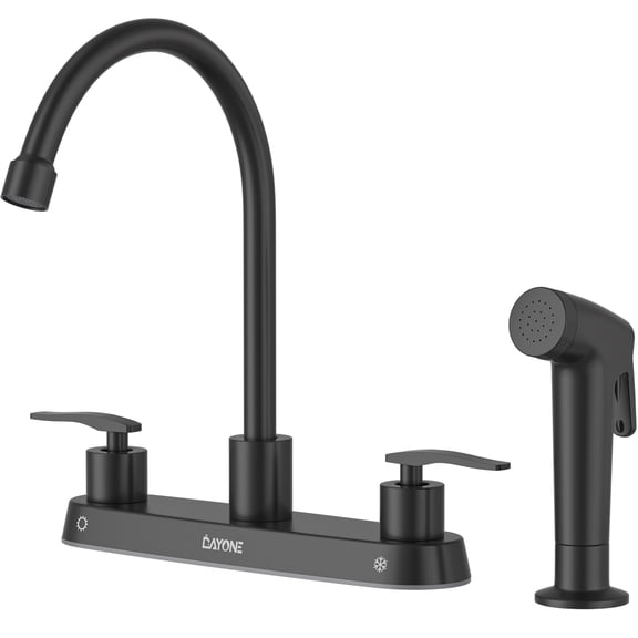 DAYONE Black Kitchen Faucet 2 Handles with Side Separate Sprayer, Matte Black Kitchen Sink Faucet High Arc Stainless Steel, 4 Holes Centerset Faucet for Kitchen Rv Laundry Bar, with Supply Lines