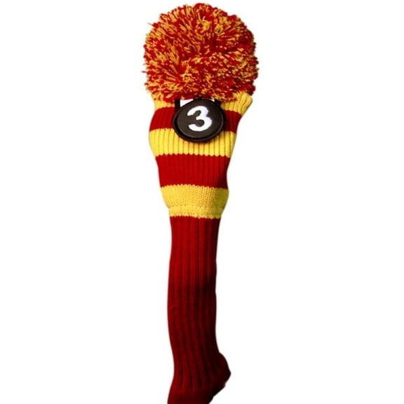 Majek #3 Hybrid Rescue Utility Red & Yellow Golf Headcover Knit Pom Pom Retro Classic Vintage Head Cover