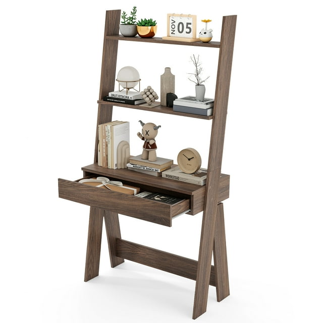 Costway Home Office Ladder Desk Wall-Leaning Laptop Workstation with Storage Shelves Walnut