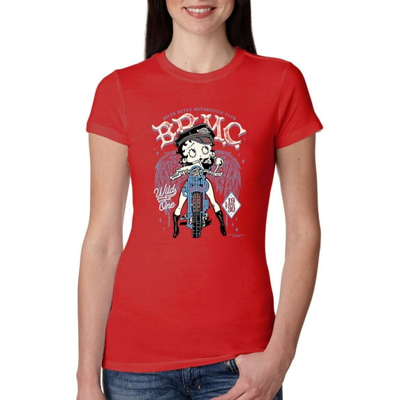 Wild Bobby, Biker Betty Boop MC Motorcycle Club 1930 Betty Boop Womens Slim Fit Junior Tee, Red, Large