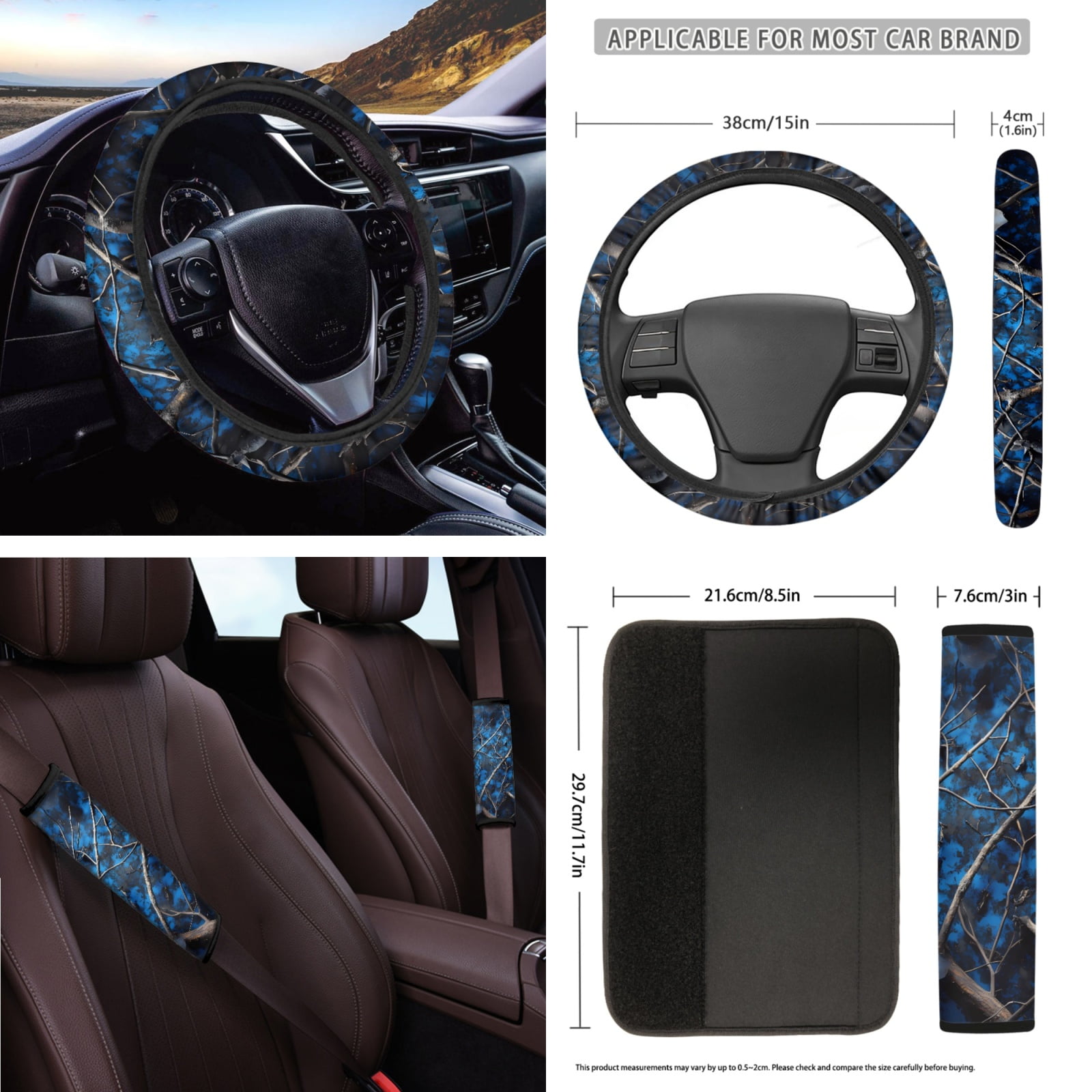 Yuyamidu Camo Hunting Car Seat Covers 16 PCS Blue Wood Steering Wheel Cover Seat Belt Pad Gear Shift Hand Brake Cover Rearview Mirror Cover Coasters Key Chain Sunshade Car Windshield Universal Fit