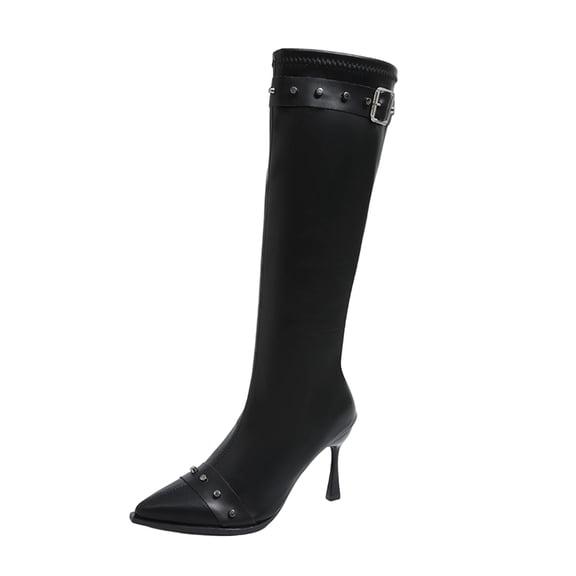 Dasayo Black Womans Boots Mid-Calf Dress High Heel Buckles Pointed Toe Elegant Faux Leather Boots Womans Shoes 36