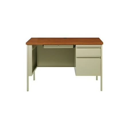 UPC: 0035255669474 | Lorell Fortress Series Oak Laminate Top Desk 45.5  x 24  x 29.5    1.1  Table Top – Box Drawer(s)  File Drawer(s) – Single Pedestal on Right Side – Square Edge – Material: Steel Frame – Finish: Putty