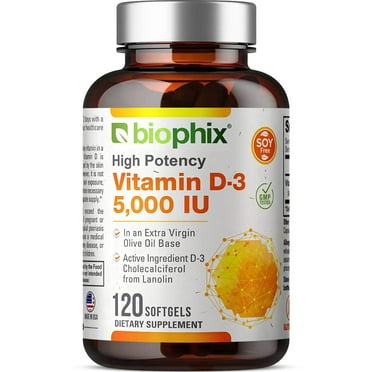 biophix Vitamin D-3 5000 IU 120 Softgels - High-Potency in Extra Virgin Olive Oil Non-GMO Soy-Free Supports Strong Bones Immune Health