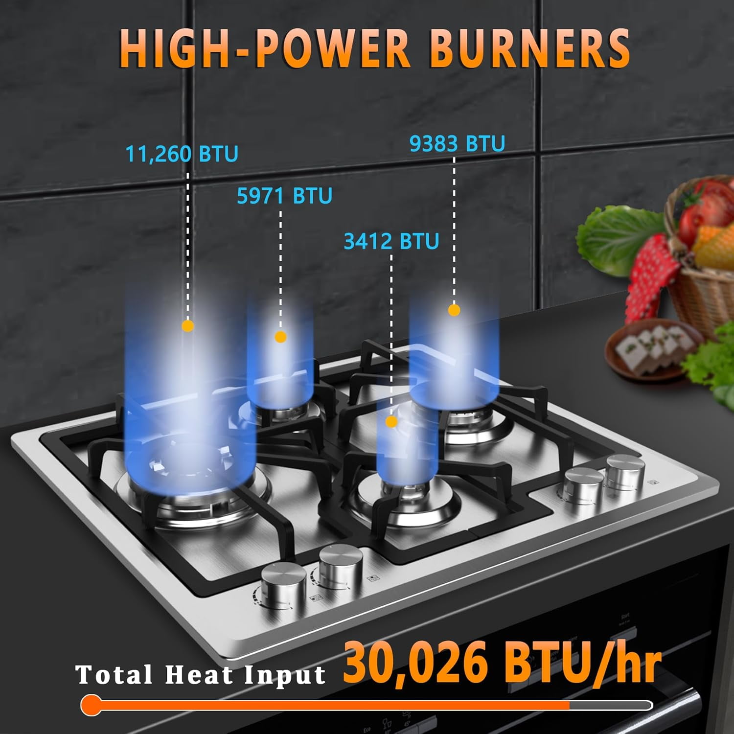 24 inch Gas Cooktop, Bulit-in Gas Stove Top with 4, 24 Inch NG/LPG Convertible Cooktops, Four Burner Propane Cooktop with Thermocouple Protection, Stainless Steel