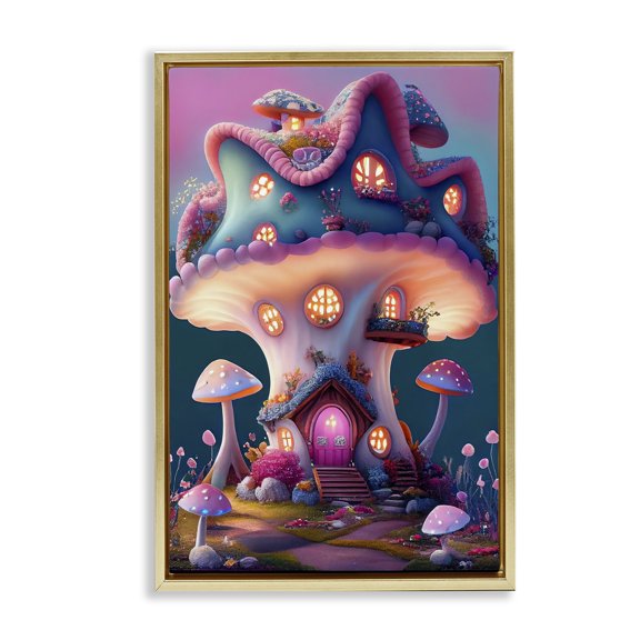Stupell Industries Mushroom Cottage House Town & City Painting Gold Floater Framed Art Print Wall Art, 21 x 31