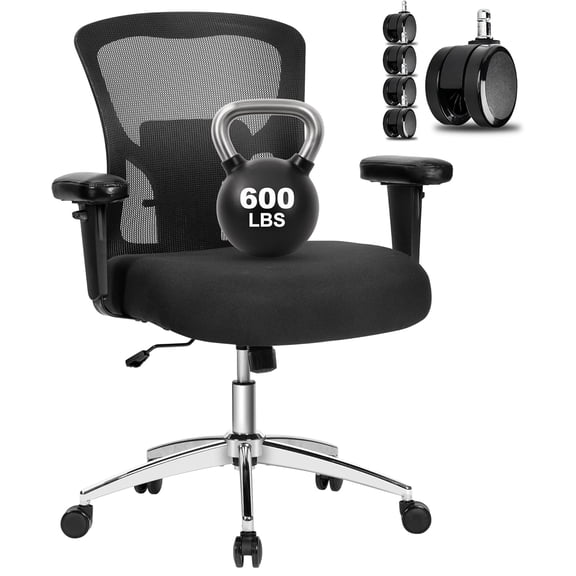 Bigroof Big and Tall Office Chair 600lbs, Heavy Duty Ergonomic Mesh Chair, Computer Executive Desk Chair with Wide Thick Seat, Adjustable Armrests, Lumbar Support