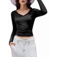 thumbnail image 2 of Womens Long Sleeve V Neck Ribbed Knit Fitted Casual Tops Tee Slim Basic Shirt Black S, 2 of 7