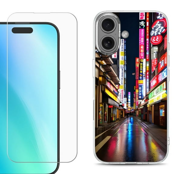 For iPhone 16 Phone Case Cover, Shockproof Case with Tempered Glass Screen Protector, by OneToughShield - Neon Street