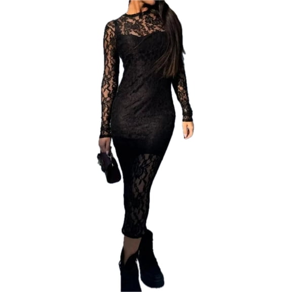 Women's Lace Round Neck Long Sleeve Midi Dress 100% Polyester Fabric for Elegant Everyday Wear with Comfortable Stretch