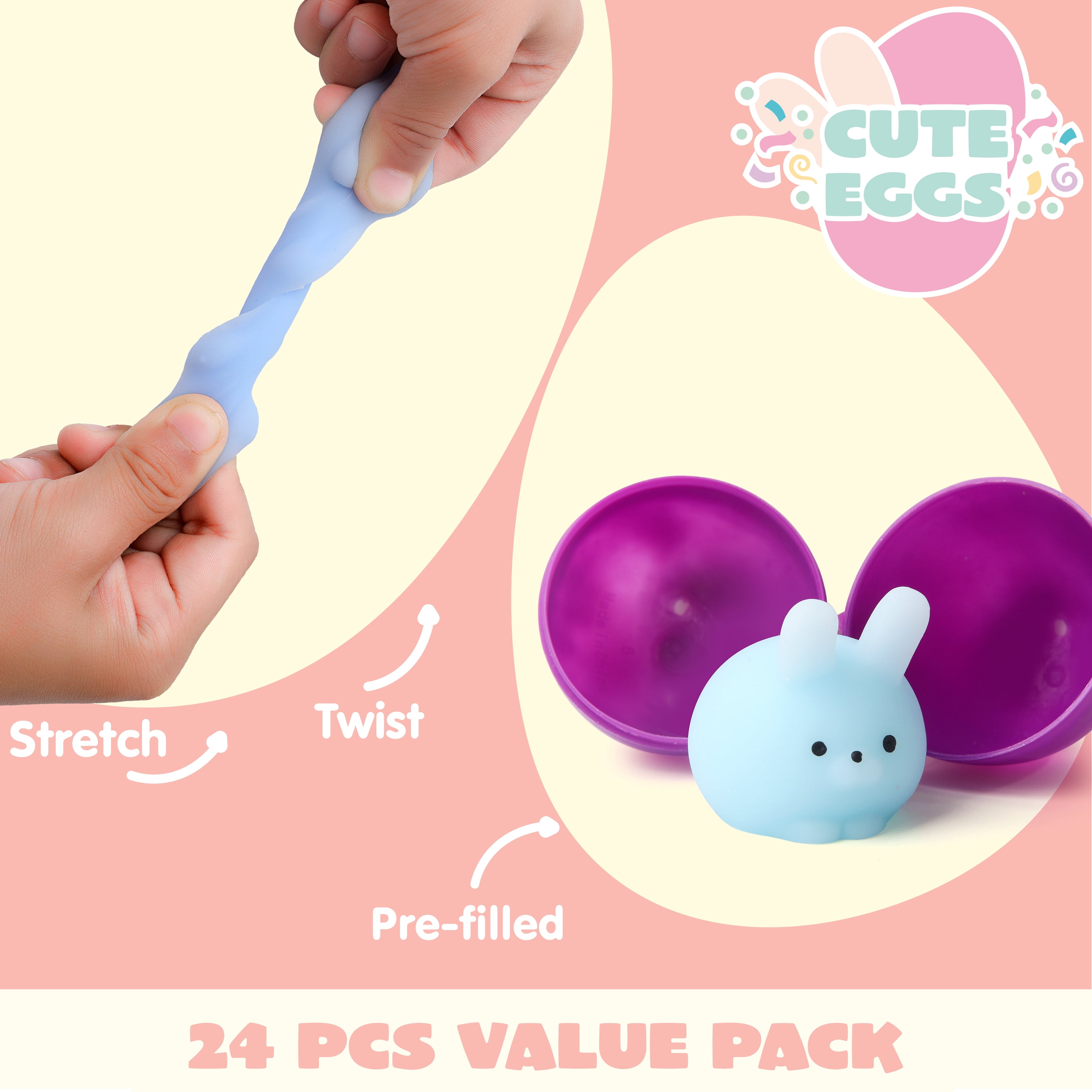 Joyfy 24 Pack Prefilled Easter Eggs with Toys,Mochi Squishy Small Toys for Easter Eggs,Stuffed Easter Baskets for Toddler Kids