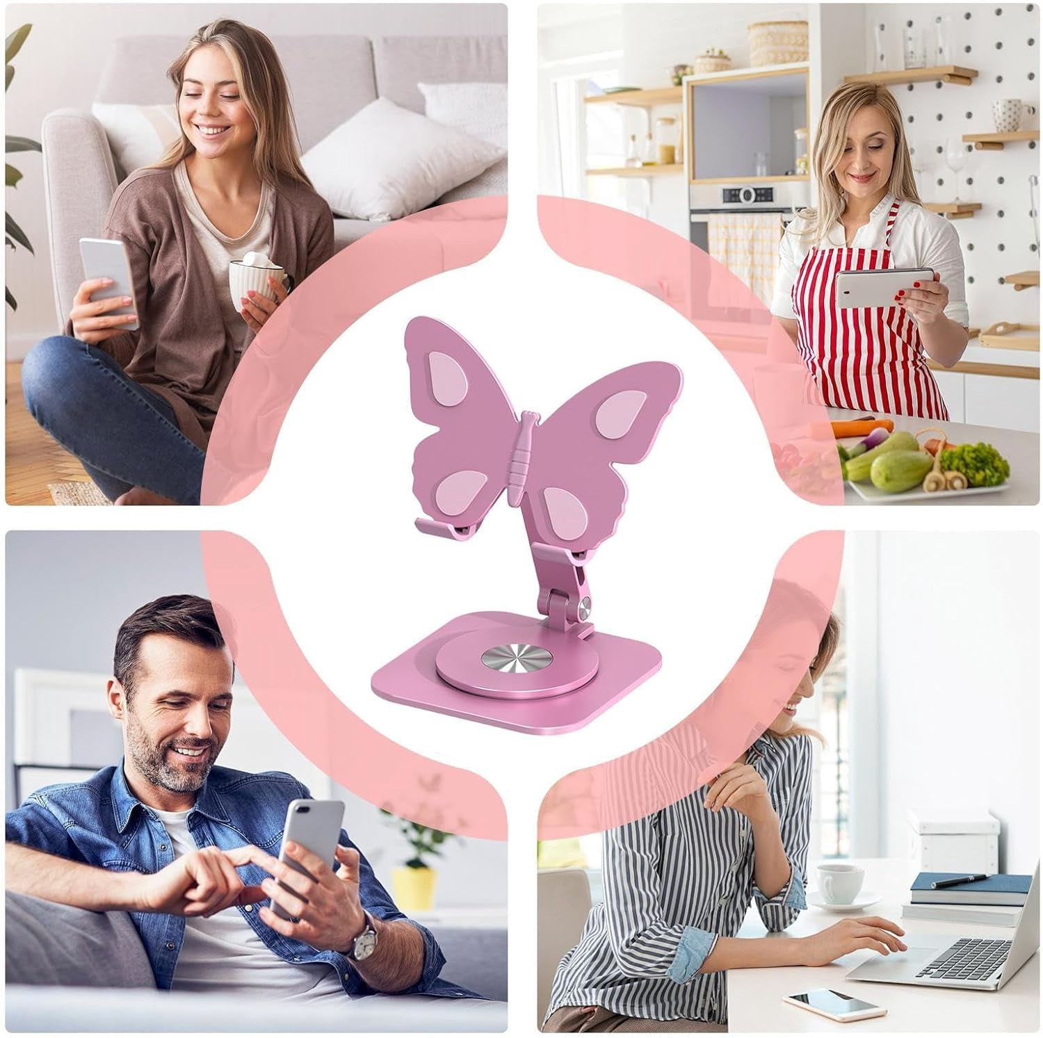 Butterfly Phone Holder Stand, 360° Rotating Aluminum Alloy Desktop Stand – Multi-Angle Adjustable Foldable Dock for Home, Office, Travel, Pink, Compatible with All Smartphones
