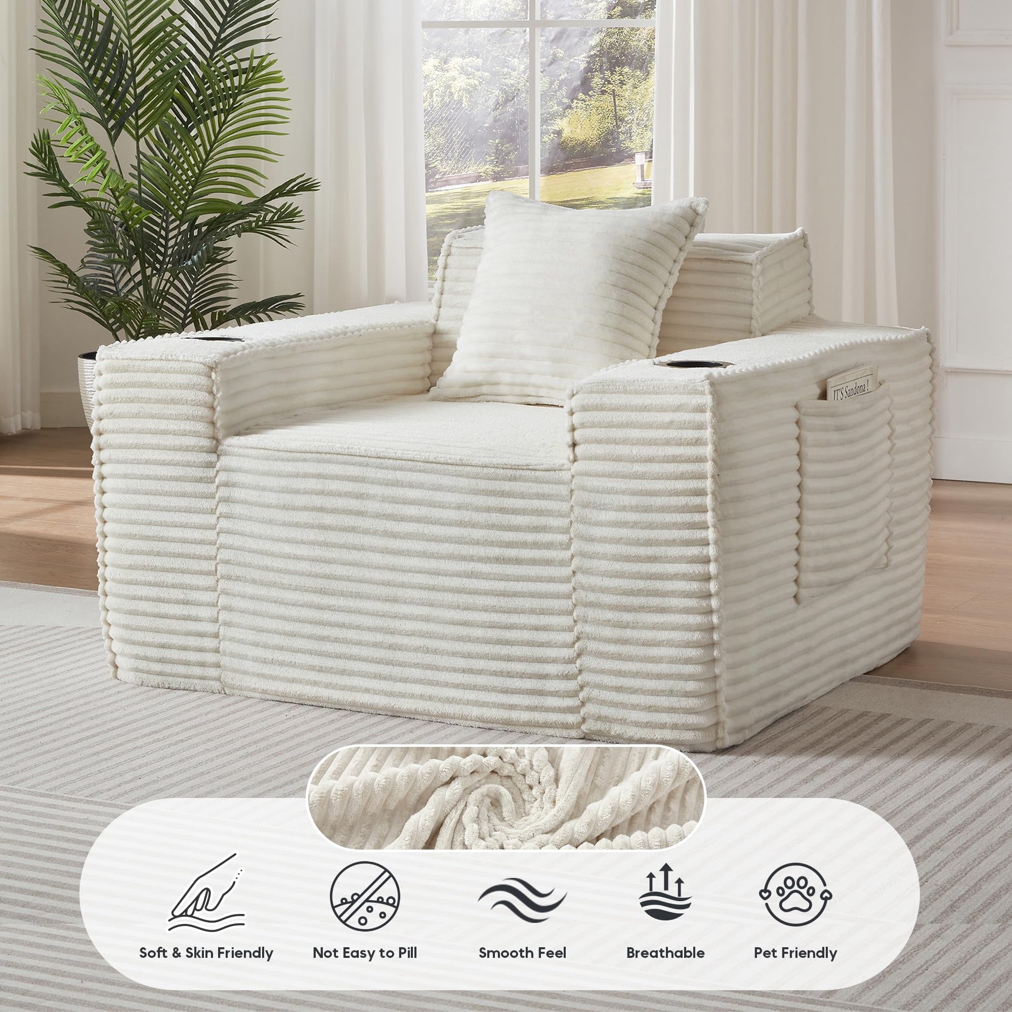 Aukfa 3 Piece Boneless Couch Set, Cloud Sofa Armchair w/ 2 Cup Holders&Storage Pockets for Living Room, Corduroy, White