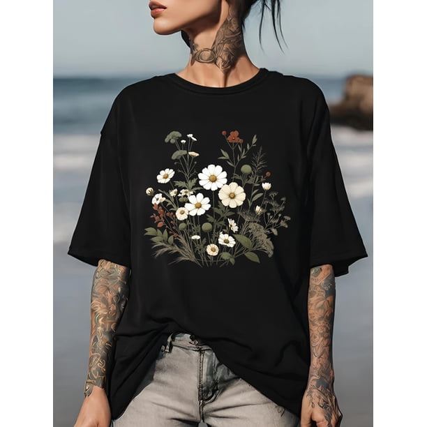 Camiseta con estampado floral de talla grande, informal, de cuello redondo y manga corta, para mujer, talla grande, para adultos, hombres, mujeres, adolescentes, jóvenes, deportiva, informal.