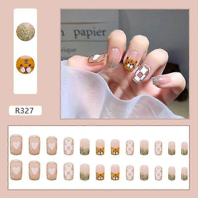 24pcs Long Press On Nails Cute Pink Checkerboard & Tiger Design Fake Nails Full Coverage