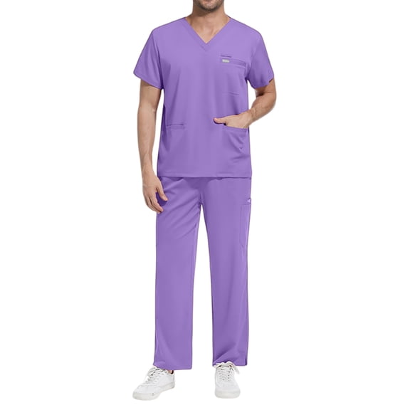 Scrubs for Men Set 2026 Spring Summer V-Neck Scrub Top and Jogger Pants Quick Dry Nursing Scrubs Set Stretch Uniform Suits with Multi Pocket for Doctors, Nurses Purple XL