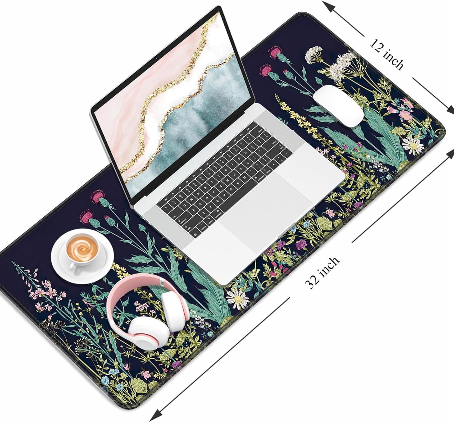 Desk Pad, XL Extended Large Gaming Mouse Pad 31.5 x 11.8 Inch, Waterproof Mousepad with Stitched Edges, Non-Slip Computer Keyboard Laptop Mat for Women Men Office Work, Silent Night Flowers