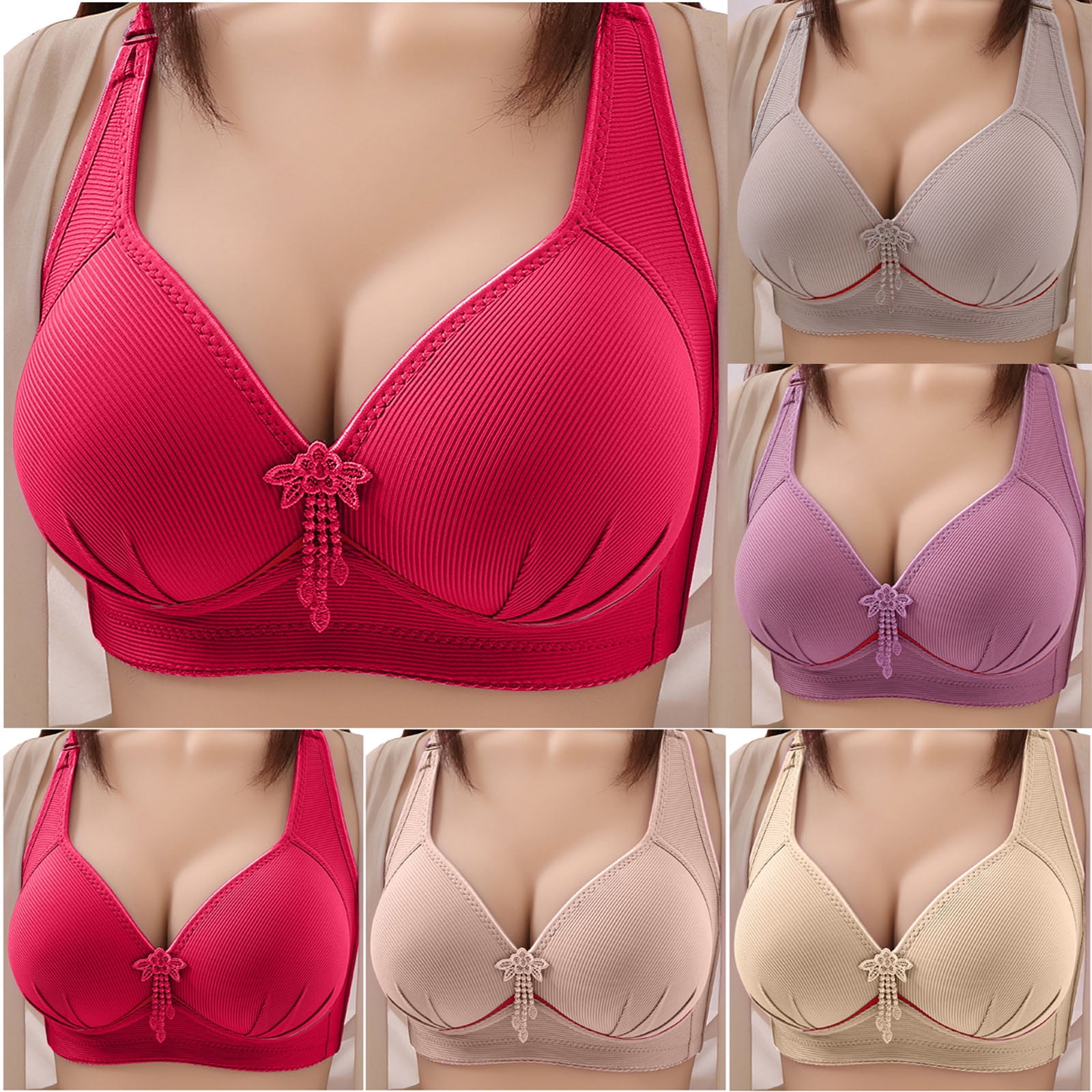 AGWOLF Plus Size Bras for Women Wireless Full Coverage Bra with Wide Straps Padded Push Up Bra for Everyday Wear Red 95