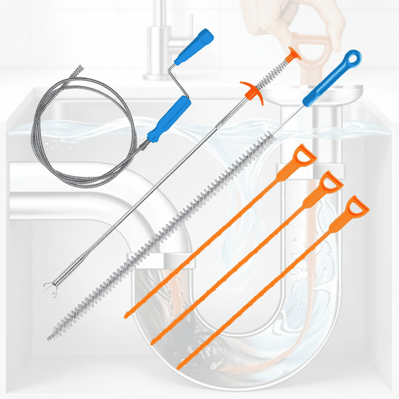 6 in 1 Sink Snake Drain Auger Set, 150CM Dredging Tool, 60CM Clog Remover Paw, 70CM Cleaning Brush, Hair Clog Remover for Sink, Drain, Toilet