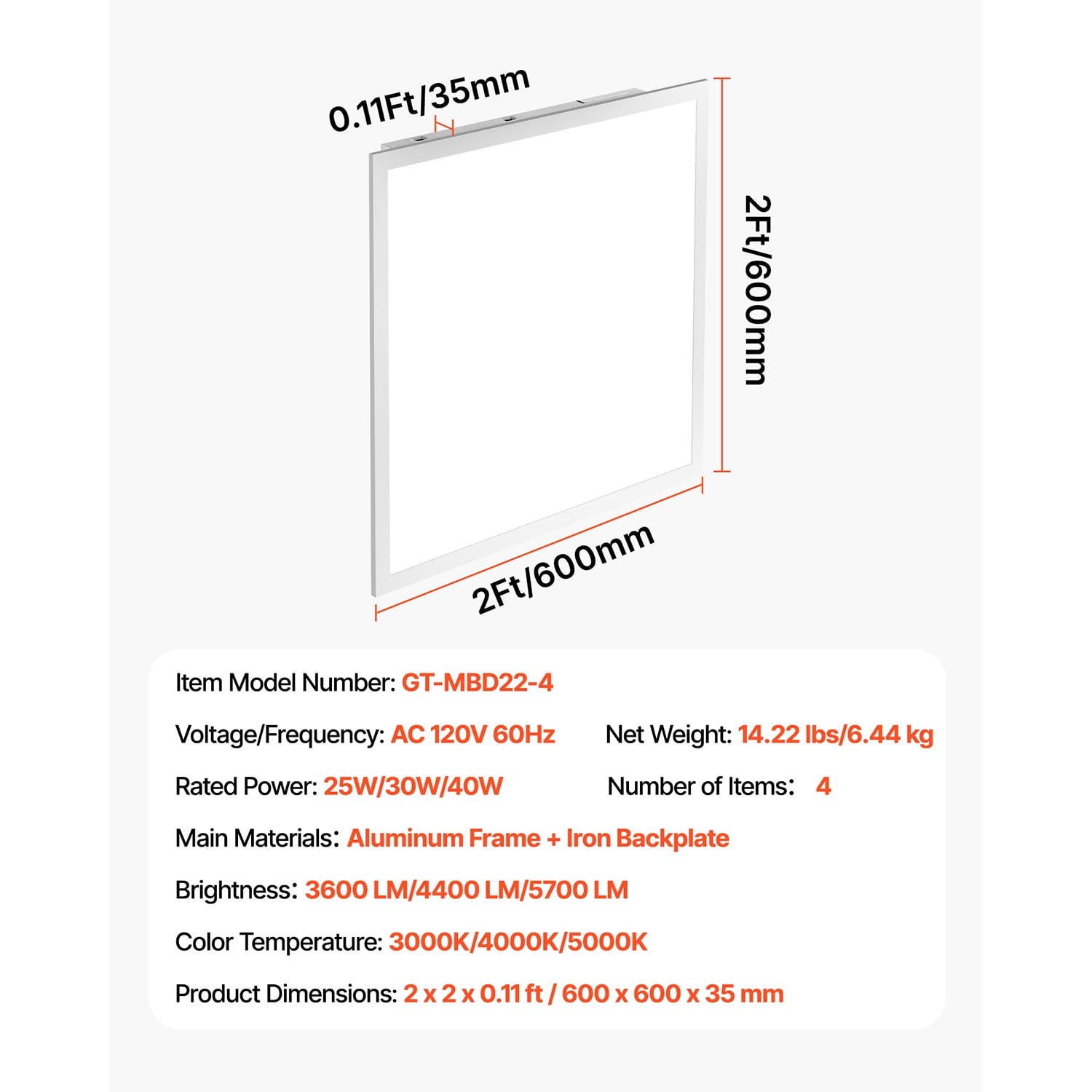 KFFKFF 2x2 FT LED Flat Panel Light, 5700 LM, Flush Mount LED Ceiling Fixture with Adjustable Color Temperatures 3000K/4000K/5000K, 25W/30W/40W, 0-10V Dimmable, Slim Design for Home and Kitchen