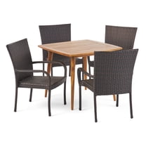 GDF Studio Caspar Outdoor Acacia Wood and Wicker 5 Piece Dining Set, Teak and Multibrown