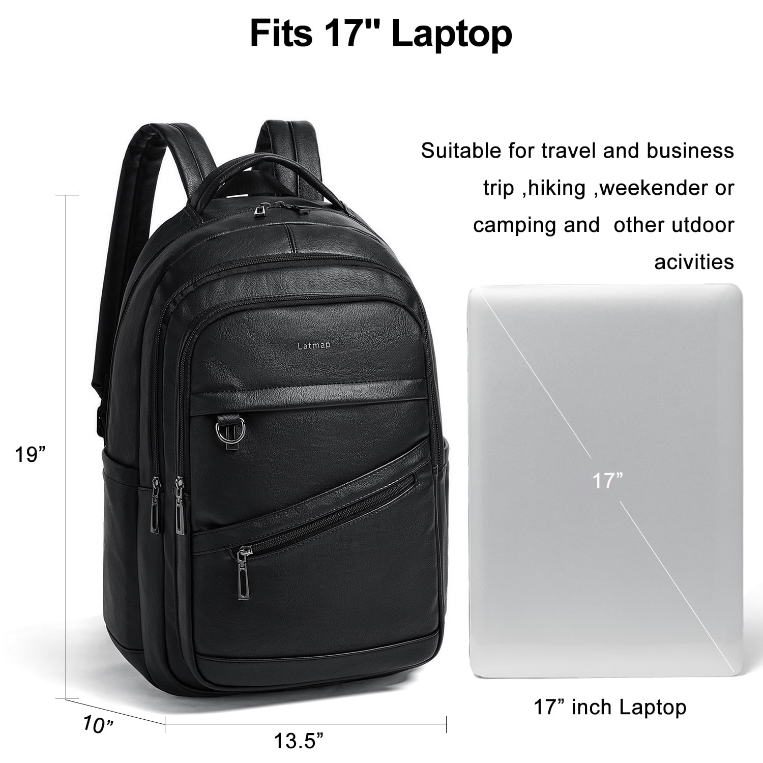 43L Vegan Leather Backpack for Women & Men, Travel Carry On Backpack, College Bookbag, Work Laptop Backpack fits 17 inch Laptop，Black