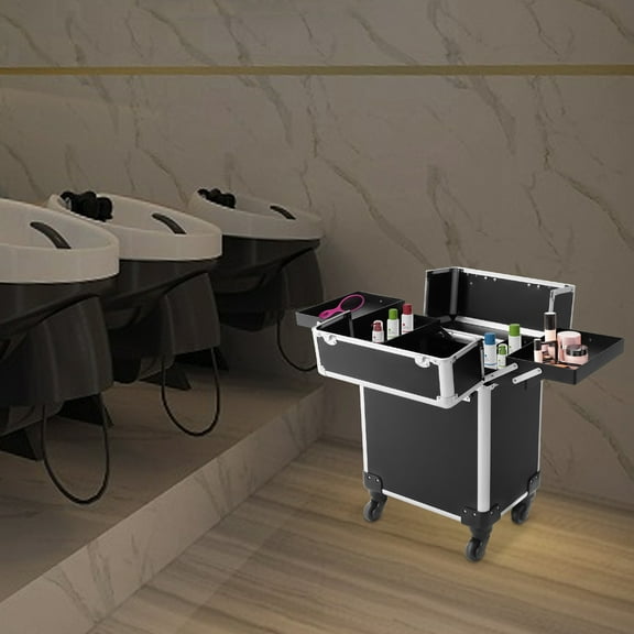 34*24*47cm Rectangular Black Rolling Makeup Train Case Cosmetic Trolley Makeup Travel Makeup Organizer