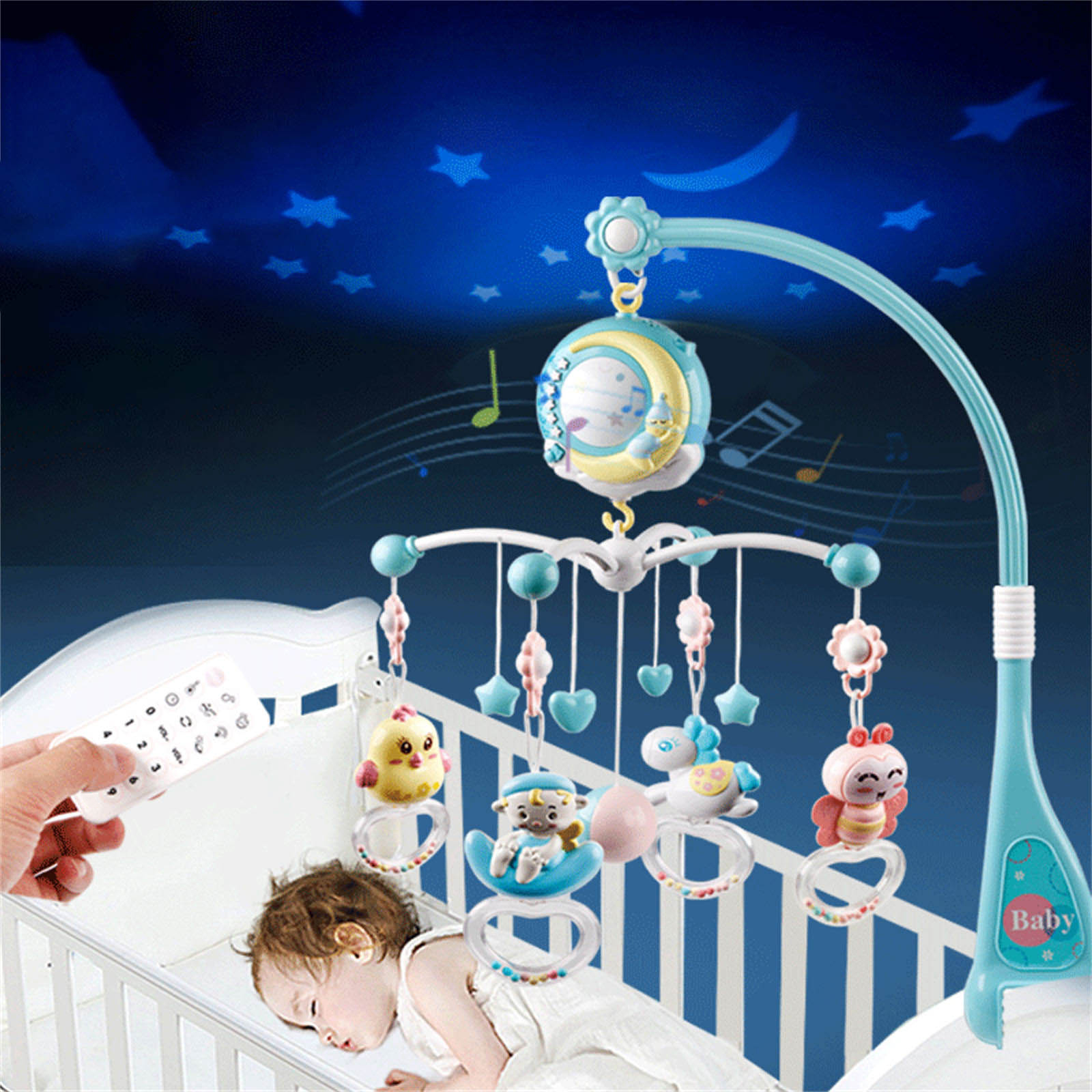Rotating Rattles and Remote Control Music Box with Music Night Lights Baby Sleeping Toy Baby Musical Crib Mobile