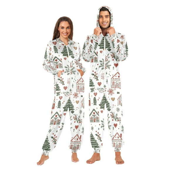 FORMRS Onesies Pajama for Adults Unisex Hoodie Winter Jumpsuit One Piece Sleepwear, Sizes S-2XL, White Nordic Christmas House