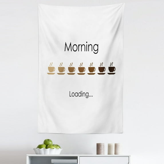 Funny Tapestry, Morning Loading Typography with Cup of Hot Coffee Pictograms in Brown Color Palette, Fabric Wall Hanging Decor for Bedroom Living Room Dorm, 5 Sizes, Multicolor, by Ambesonne