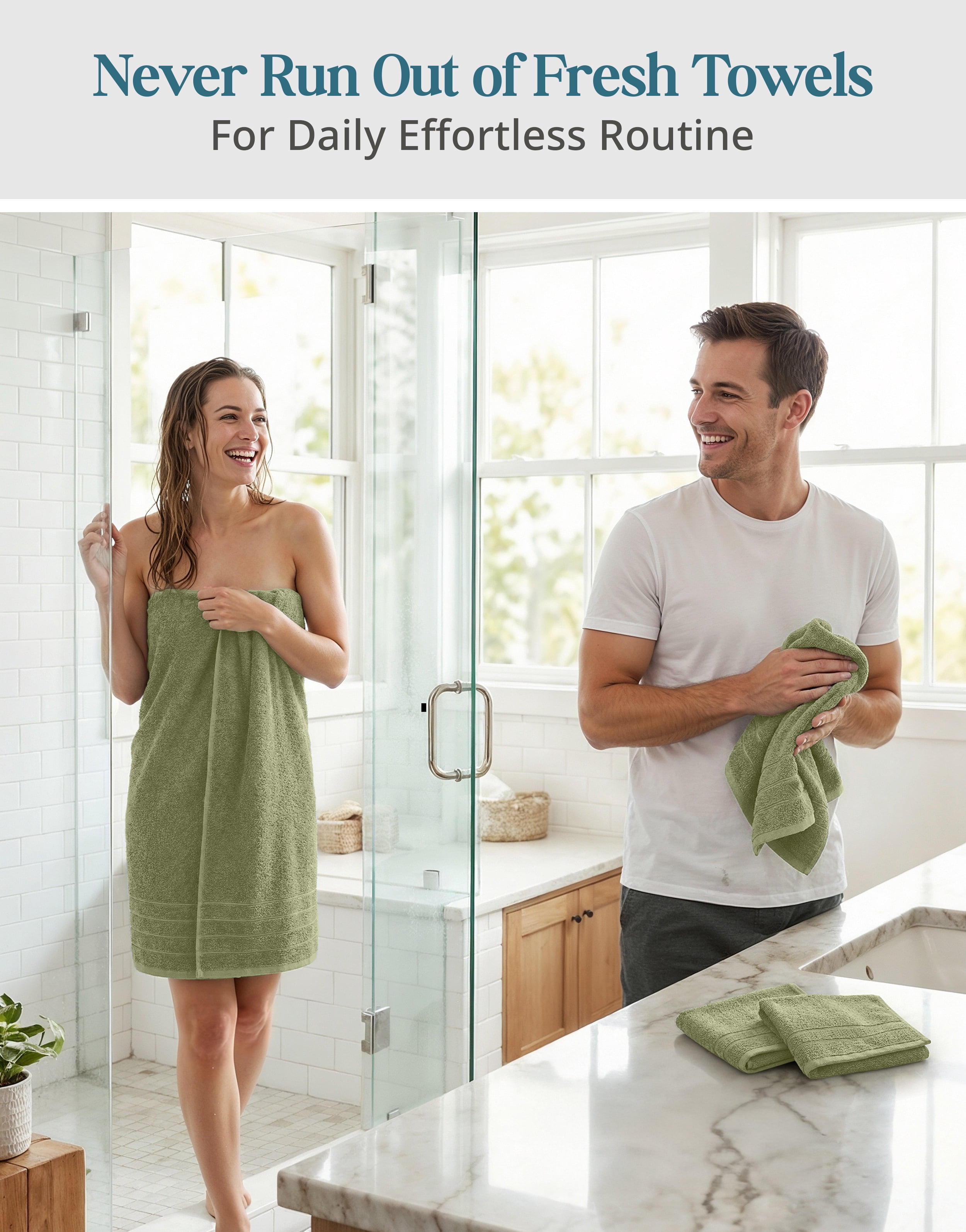 Casa Platino Bath Towel Set of 8– 100% Ring-Spun Cotton, 2 Large Bath Towel, 2 Hand Towels & 4 Wash cloths, Quick Dry & Long-Lasting, Perfect for Family Bathrooms – Oil Green