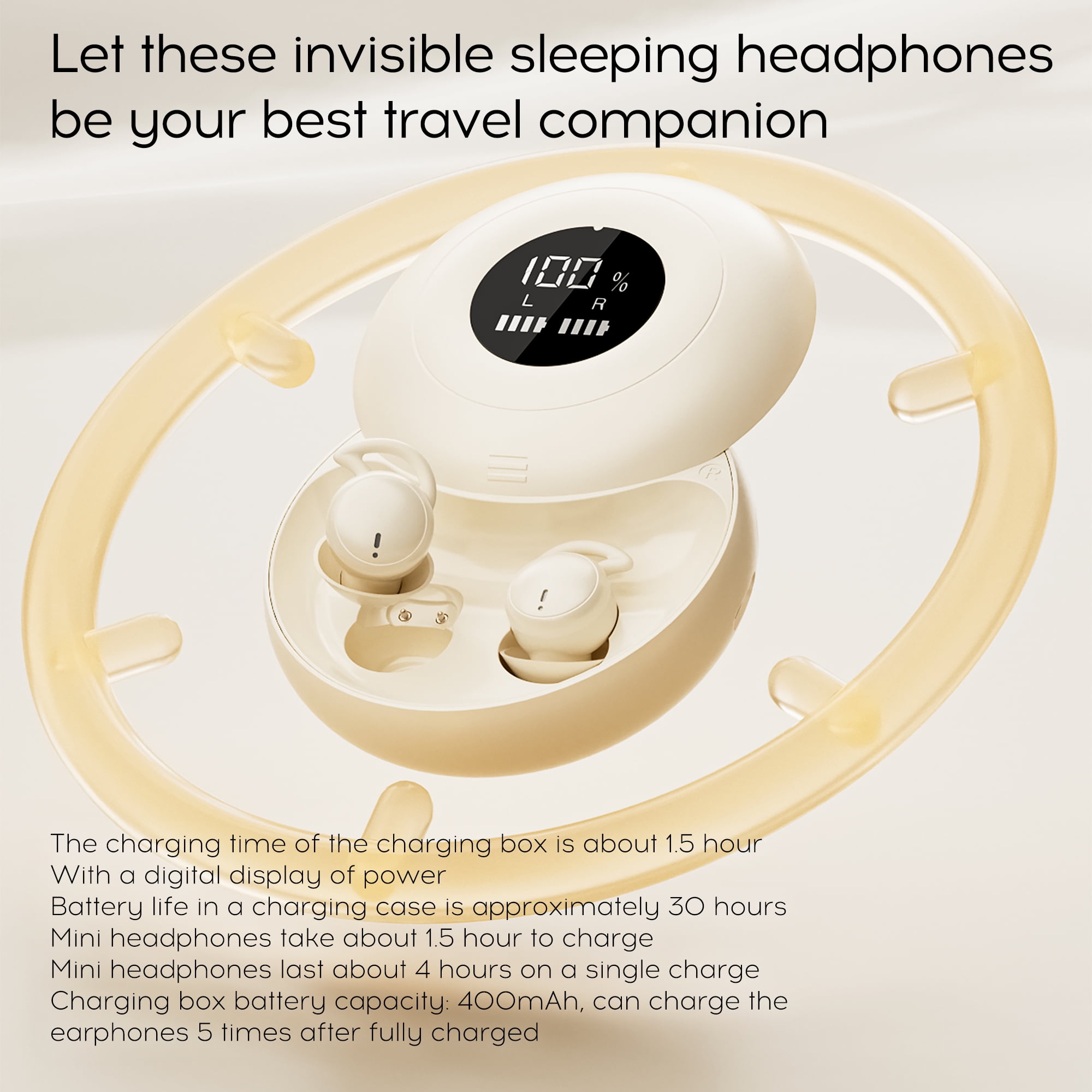 sunvito Sleep Earbuds, Mini Sleep Earbuds for Side Sleepers, 30H Playtime Wireless Headphones with LED Earphones for Small Ears Sleeping Working, Exercise,Hiking,Beige
