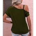 thumbnail image 4 of Camiseta de verano plisada, holgada y de color puro: verde OD, talla L Top sofisticado con hombros descubiertos para mujer, 4 of 6